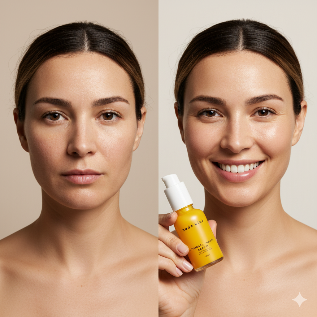 Before and after image showing improved hydration and glow after using serum for dry skin treatment.