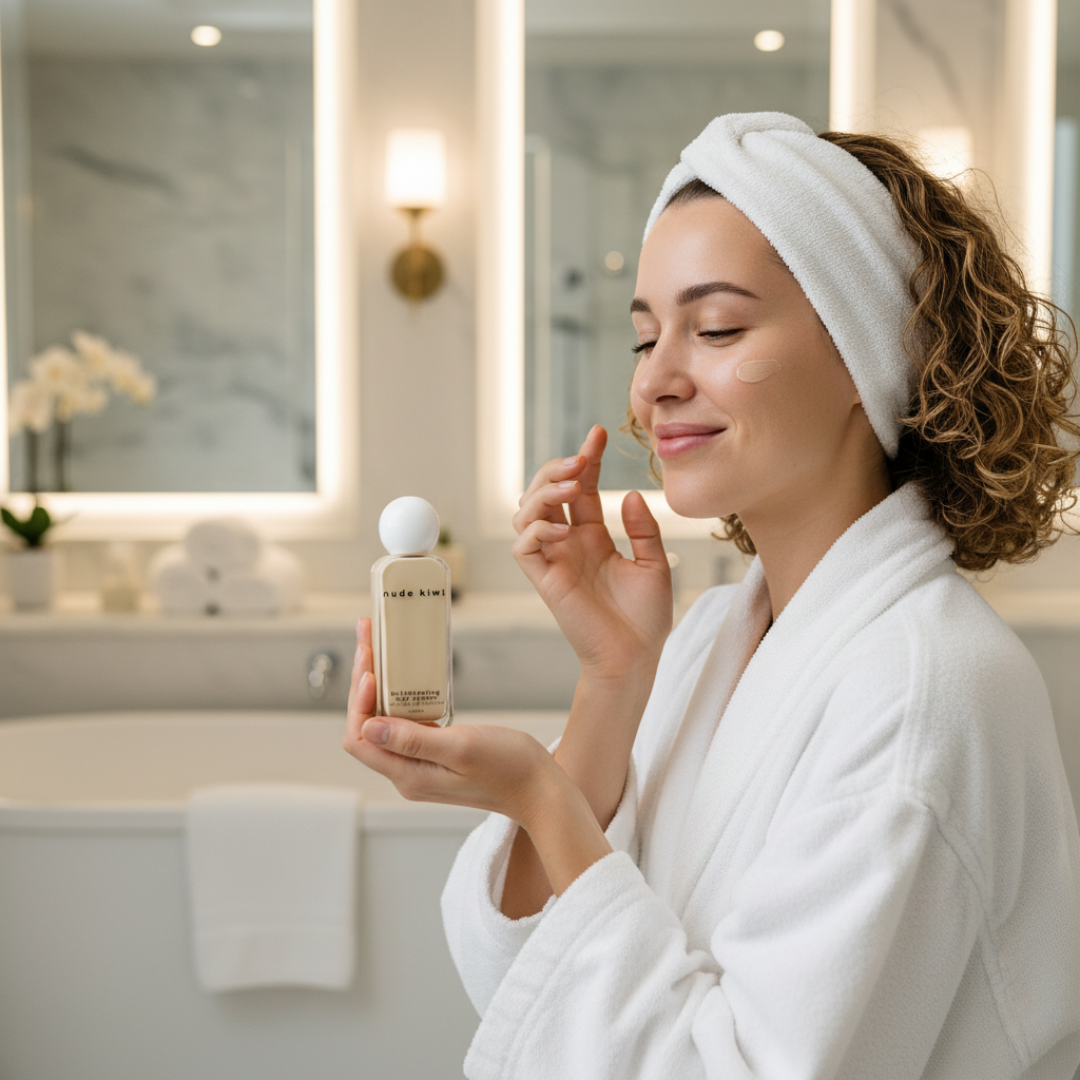 Woman applying lightweight moisturiser for dry skin on face using Nude Kiwi skincare