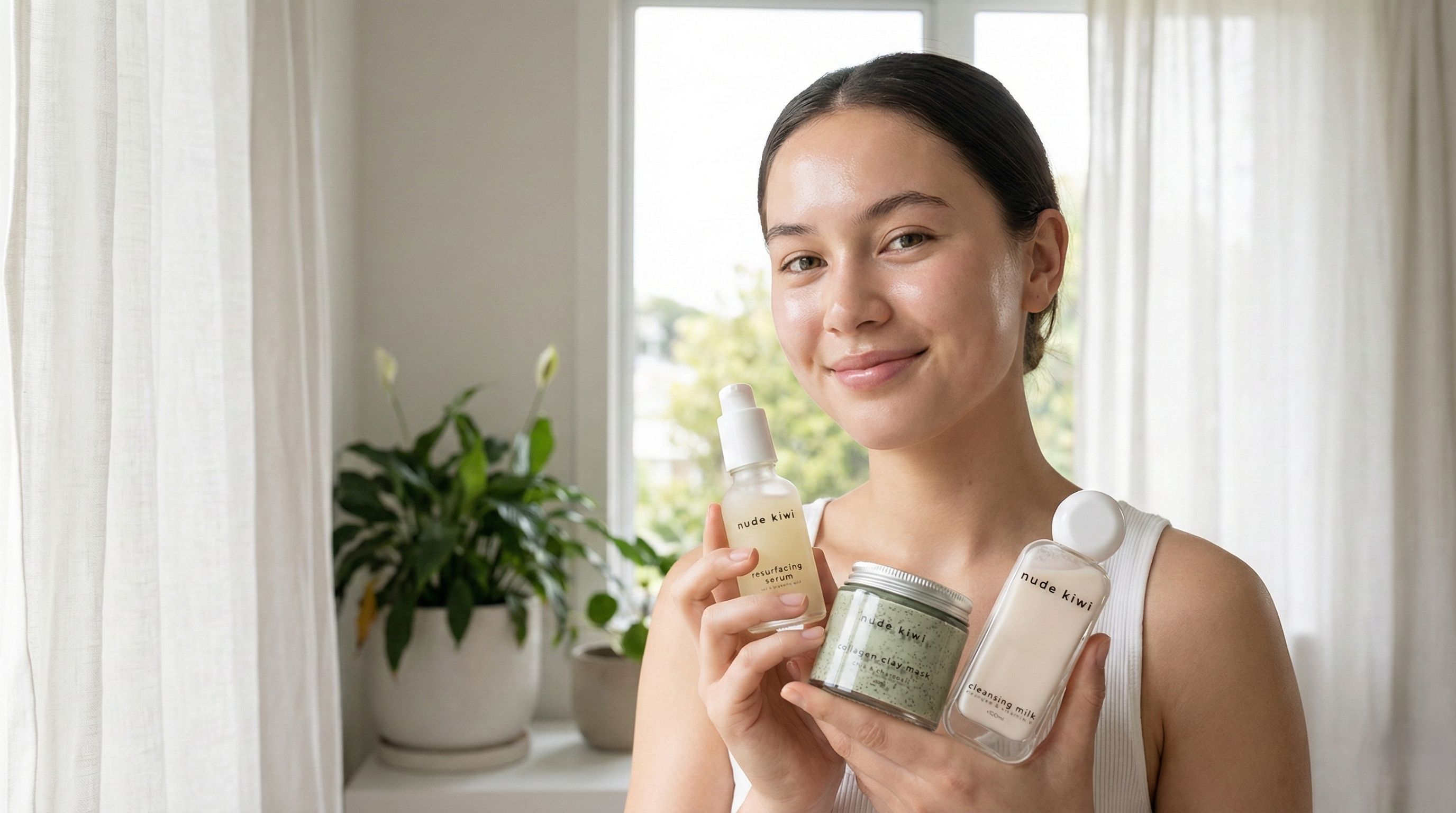 Woman holding Nude Kiwi acne skin care products including resurfacing serum, collagen clay mask, and cleansing milk for natural acne treatment NZ